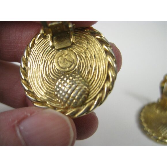 Vintage 1990s St John Logo Gold Tone Clip On Earrings Braided Rim Round 1 in - Picture 4 of 15